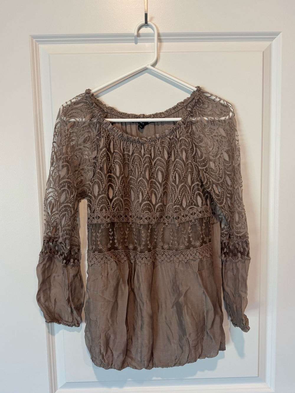 CHARLIE B Sheer Lace Yoke Long Sleeve Blouse - Taupe